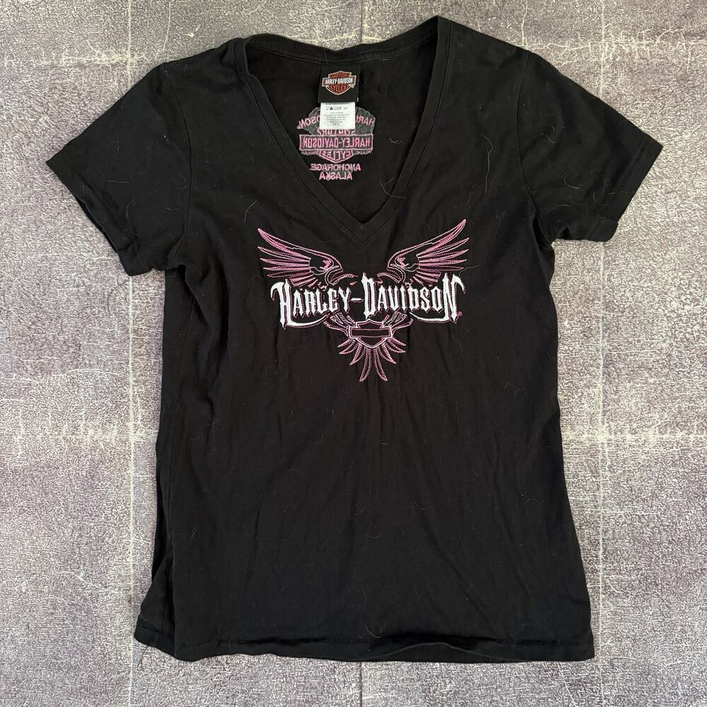 Women's Vintage Y2K Harley Davidson Motorcycle Black V Neck T Shirt Tee Sz M VTG